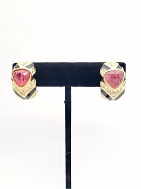 Vintage Christian Dior Clip-On Earrings Pink Cabochon Black Enamel Gold Tone